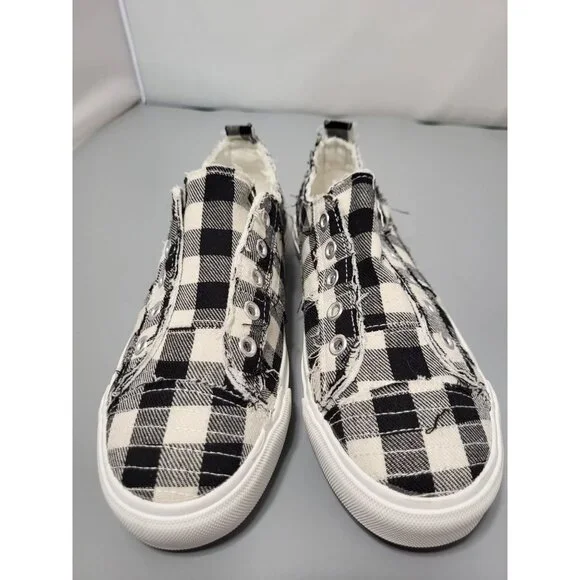 Corkys Boutique Black White Babalu Distressed Buffalo Plaid Slip on Sneakers, 6 - Picture 2 of 7